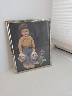 1940 Dutch Boy With Dog Framed Litho Print Made In USA 4x5  Art Work